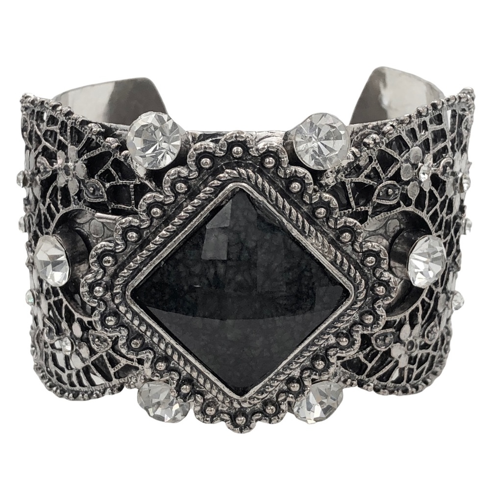 🔴 CLEARANCE Unique Black Square Resin Rhinestone Filigree Rustic Cuff Bracelet